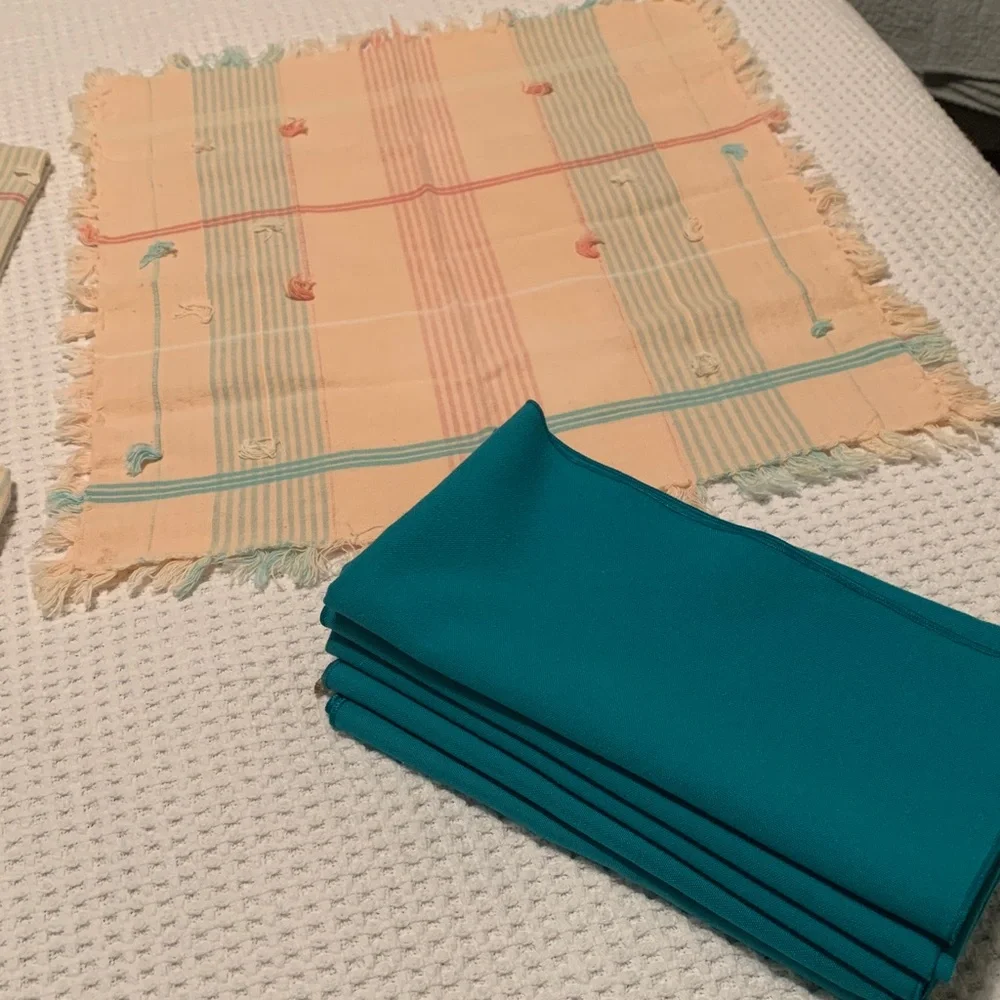 Set of 9 Cotton Table Napkins Peach and Turquoise with Fringe
